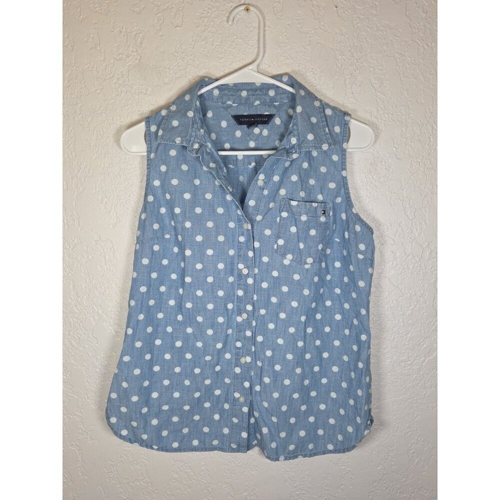 Tommy Hilfiger Womens Sleeveless Blue Denim Polka Dot Button-Up Shirt Small